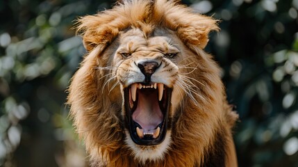A large male lion with a thick mane roars with its mouth open, showing its teeth. It is in a green forest setting