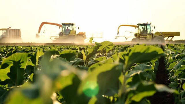 panoramic shot shows rows of crops being harvested by automatic machines, highlighting the incessant movement of harvesters. depth of field effect highlights details of crop in the foreground
