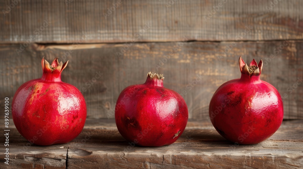 Leinwandbilder three ripe pomegranates with visible seeds are arranged on a rustic wooden surface. generative ai