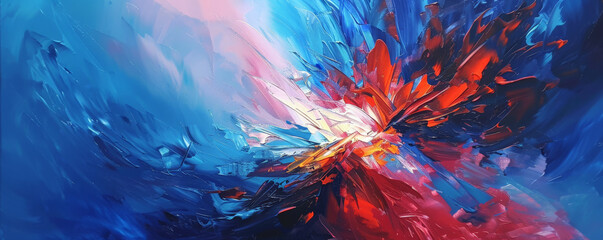 Abstract oil painting with radiant blue and red hues. The glowing colors flow together, creating a dynamic and captivating visual experience that showcases the richness of the oil paint texture.