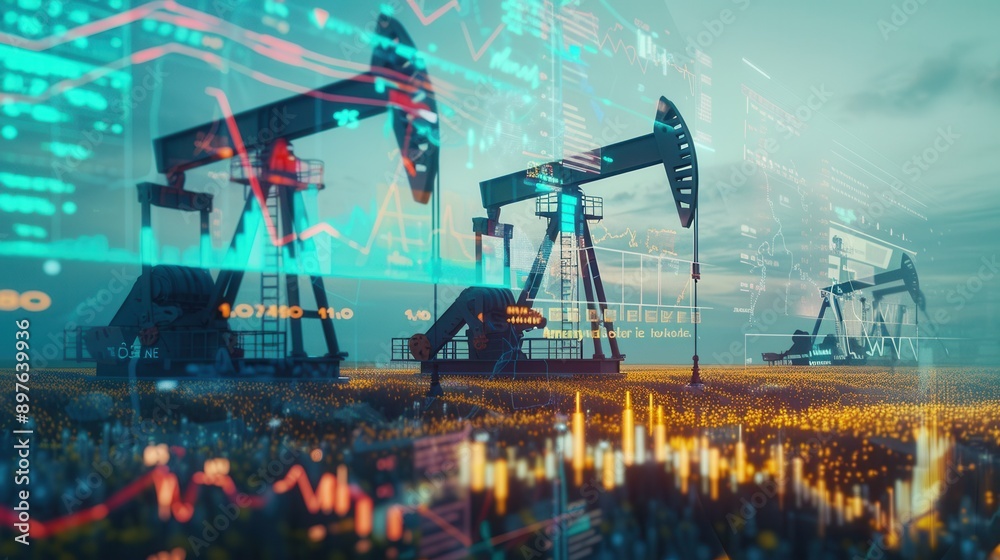 Aufkleber oil rigs pump crude oil in a field with a digital screen overlay displaying financial charts showing