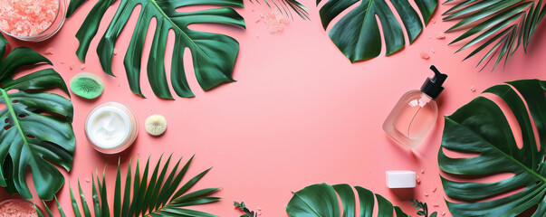 A bird's eye view of spa beauty products on a bold color background, featuring lush tropical leaves. The arrangement offers ample space for text or additional elements.