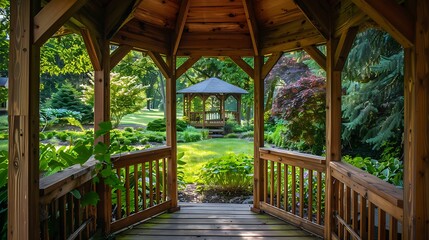 Backyard view from inside a cedar wooden gazebo in the back yard garden of a well landscaped home
