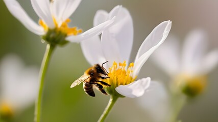 Bee pollinating a flower with white petal