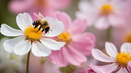Obraz premium Bee pollinating a flower with pink petal
