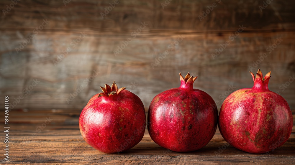 Poster Three ripe pomegranates with seeds are arranged on a rustic wooden surface. Generative AI