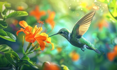 Fototapeta premium Delicate hummingbird hovering near a vibrant flower, its wings a blur of motion