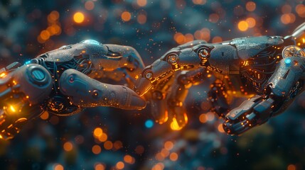 Two Robotic Arms Reach Towards Each Other in a Futuristic Setting