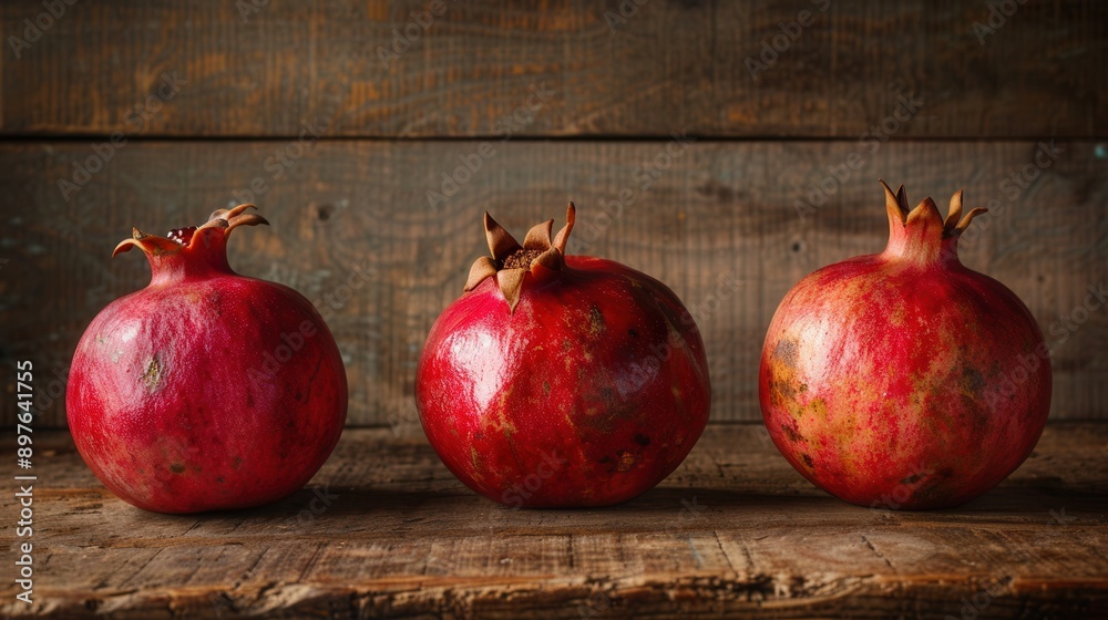 Aufkleber Three ripe pomegranates, with their seeds visible, sit in a row on a rustic wooden surface. Generative AI
