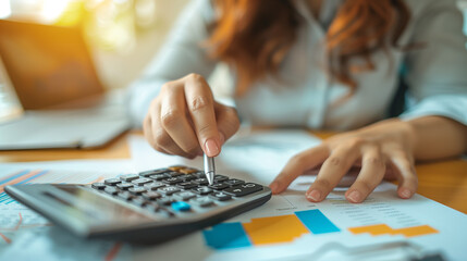 Fototapeta premium Accounting company, businesswoman working with calculator, the man is sitting at the table, holding a pen and paper, while looking intently at a calculator, people is working on a paper