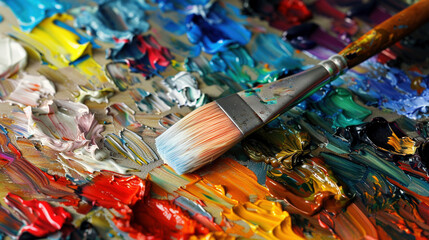 Obraz premium Vibrant Harmony: Close-Up of Painter's Palette with Blending Colors