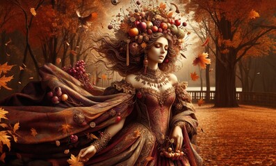 Obraz premium Allegory of autumn, autumn in the form of a woman in luxurious clothes with closed eyes against the background of nature