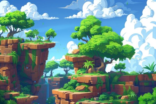 2d video game forest background, arcade play gaming level scene with ground platforms and trees.