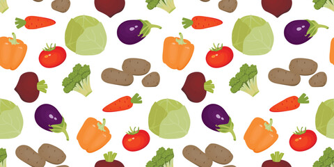 Colorful seamless pattern with vegetables on white background.Potatoes, cabbage, broccoli, eggplant, tomatoes, peppers, beets and carrots.Farm harvest fruits set.Cooking menu.Vector food illustration.