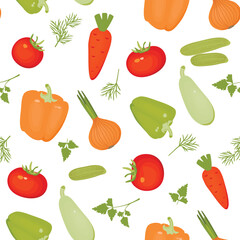Cartoon seamless pattern with raw vegetables on white background.Tomatoes, sweet peppers, onions, dill, cilantro, carrots, cucumber and zucchini.Farm harvest and cooking menu.Vector food illustration.