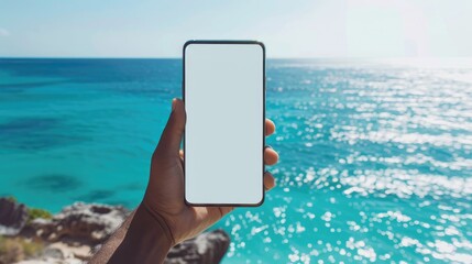 Man holding smartphone with blank screen by blue ocean with room for text