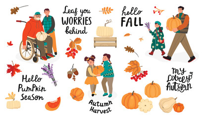 Autumn outdoor activities illustrations set.Grandfather with disabilities and grandson, father with daughter and two little girls.Handwritten,pumpkins and fall plants.Vector cartoon designs on white.