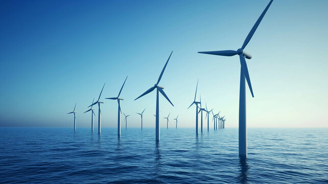 A row of wind turbines rises from the ocean, harnessing renewable energy in a serene offshore setting, symbolizing sustainable innovation and the power of nature.