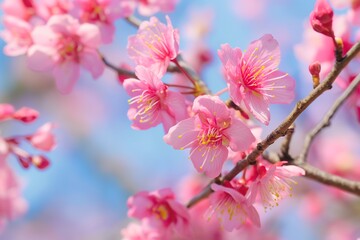 Obraz premium Beautiful pink cherry blossoms in full bloom on tree branches under a clear blue sky, symbolizing spring and renewal.