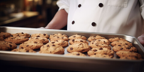A close-up of a chef holding up a tray of freshly baked chocolate chip cookies in a bakery kitchen.