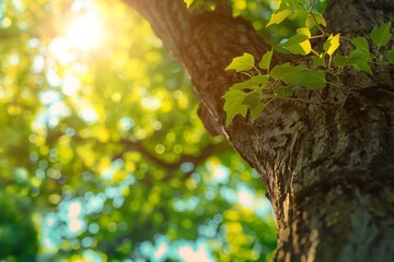 Obraz premium A close-up of tree leaves with sunlight streaming through, creating a beautiful and vibrant natural scene.