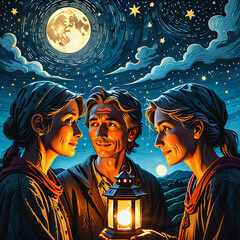 Dramatic 3D Scene: Weathered Faces Share Tales Under Starry Sky on International Day of Friendship