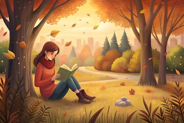 A girl in an autumn park sits under a tree and reads a book