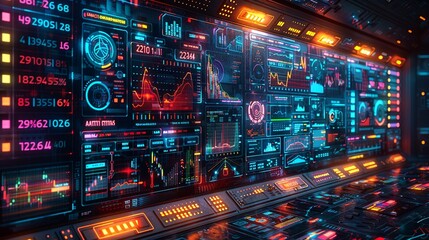 Naklejka premium Cyber and responsive background showcasing a digital interface with real-time algorithmic trading data, symbolizing the efficiency and intelligence of modern financial technology and AI-driven