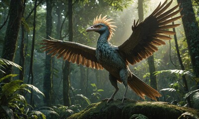 Archaeopteryx Dinosaur with spread wings sits on tree in Lush Prehistoric Jungle Earliest primitive primeval Bird in Dense Forest, Jurassic Park concept