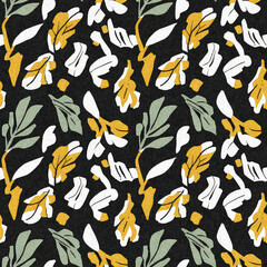 Modern printed fabric wildflower blockprint pattern with linen fabric textures. Stylized hand drawn boho dark florals for decorative design elements in repeatable background tile.