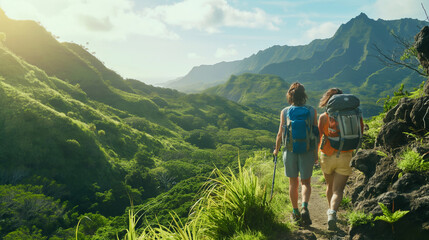Obraz premium Adventurous Couple Hiking Through Lush Mountain Landscape Under Clear Blue Sky. Copyspace