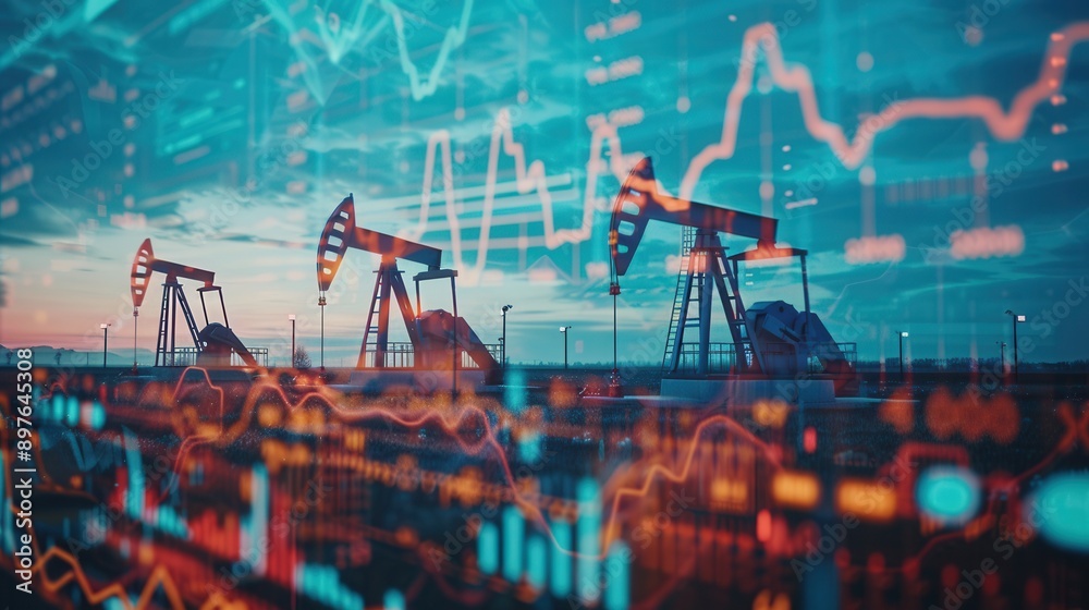 Poster oil pumpjacks operate against a backdrop of a digital screen displaying financial charts, suggesting