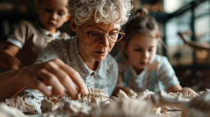 An elderly woman with glasses is showing children fossils at a table, imparting knowledge and teaching them about ancient history in a very engaging manner.