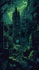 A dark and foreboding scene of a haunted asylum. ,Dark Color light ,vectorline design , illustration , Mobile Wallpaper