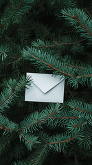 White envelope nestled in pine tree branches