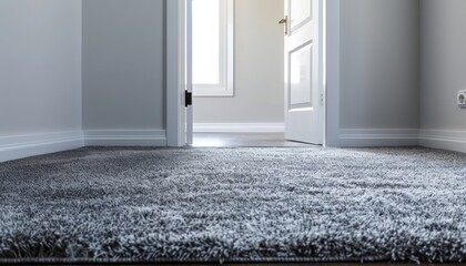 Fototapeta premium Grey Carpet Flooring In A Modern Home With White Walls And Doors