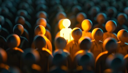 Obraz premium Illuminated Figure in a Crowd of Wooden Figures