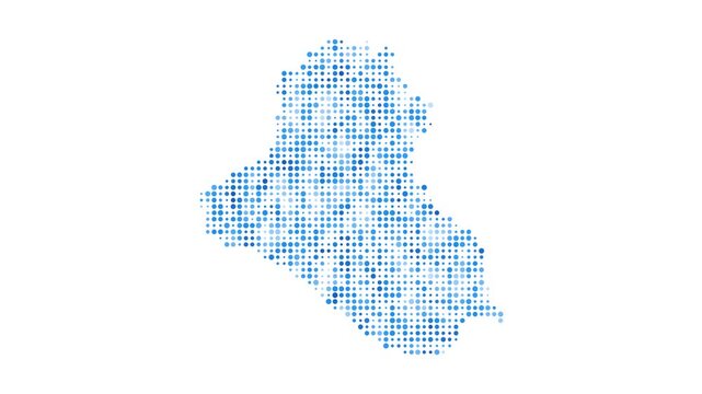 Republic of Iraq dotted digital map. Map of Republic of Iraq with pulsating colored circles. Shape of the country filled with blue disks. Neat video.