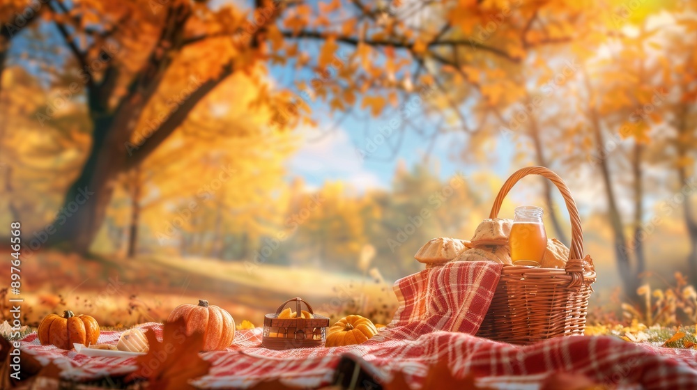 Poster a red and white checkered blanket sits in a fall forest with a picnic basket of food and drinks. pum