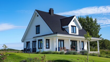 Modern White House With Black Roof And Green Lawn On A Sunny Day