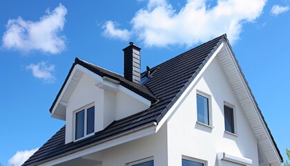 Obraz premium White House With Black Roof And Chimney Under Blue Sky With Clouds