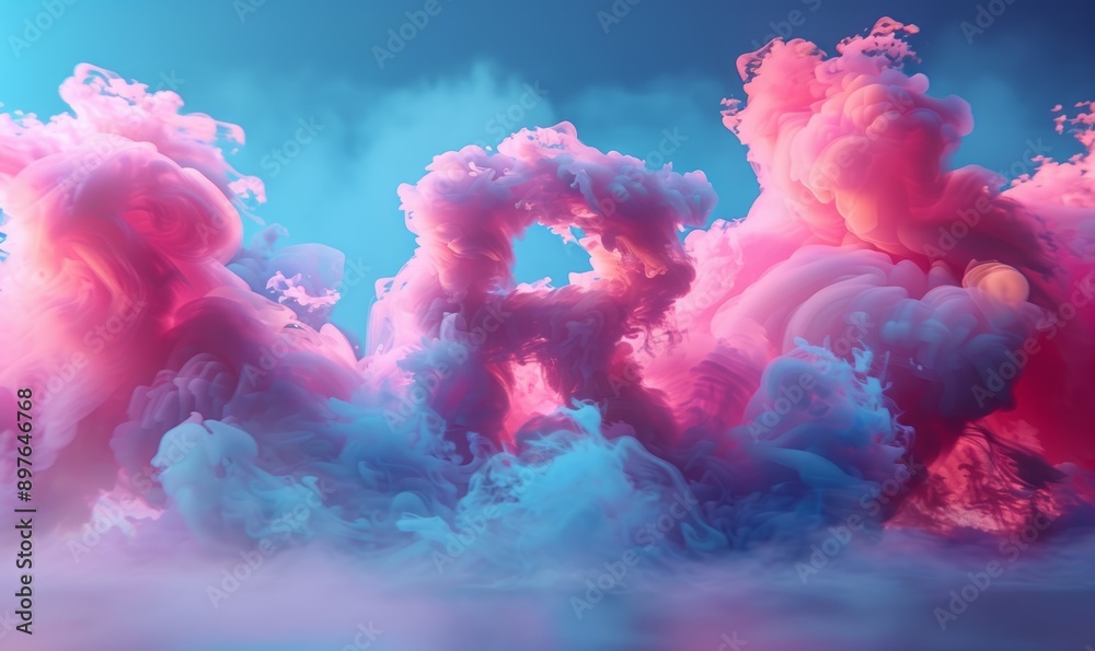 Wall mural Design a scene with the letter R as the main body composed of smoke, long shot, the future, pastel smoke dreamscape, pink and blue, clean, dream atmosphere