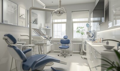 Dental clinic interior with modern equipment and comfortable patient chairs, creating a welcoming atmosphere