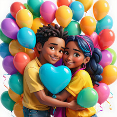 Obraz premium 3D Cartoon Illustration: International Day of Friendship 2024 - Diverse Friends Hugging with Colorful Balloons