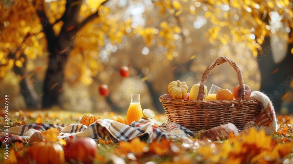 Poster a fall picnic set up with a basket of food and drinks on a blanket in a park with golden trees. gene