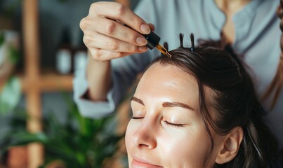 Expert beautician performing a relaxing scalp massage with essential oils