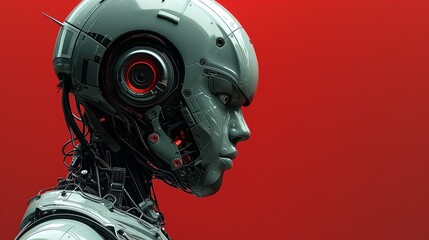Fototapeta premium Futuristic Robot with a Red Background, Ideal for Sci-Fi Concepts and Technology Branding