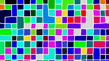 Mosaic with uneven multicolor squares and white contour. Vector abstract background