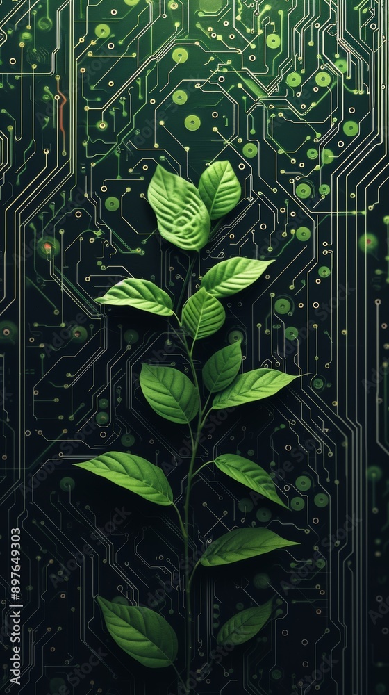 Poster plant growing on a circuit board representing nature and technology integration