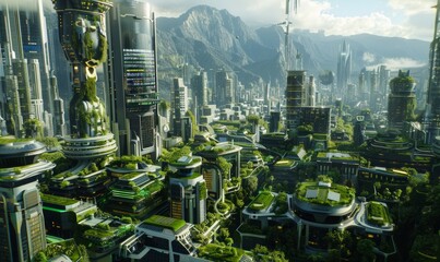 Advanced utopian city with green rooftops, solar panels, and holographic billboards, blending technology and nature seamlessly